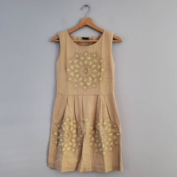 Splash Sleeveless Cotton Linen Blend Floral Embroidered Beige Sundress 10 - Picture 1 of 8